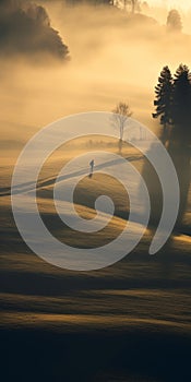 Surreal Cinematic Minimalistic Shot: A Man Riding A Horse In A Foggy Field photo