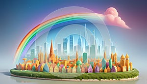 Surreal City Symphony: Rainbow-Infused Landscape