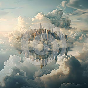 A surreal cityscape floating in the clouds