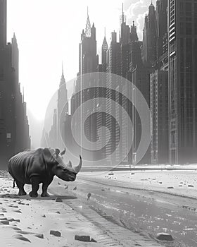 Surreal Cityscape: Solitary Rhinoceros Amidst Urban Giants in Vibrant Monochrome, Behance HD, Surrealism, Ambient Occlusion, Water