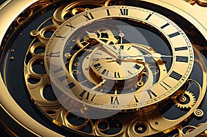surreal clock blending golden mercury materials, melting in a distorted fluid manner, illusion of time\'s ethereal flow