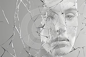 Surreal Close-up of Cracked Mirror with Ghostly Face Reflection in Minimalist Style