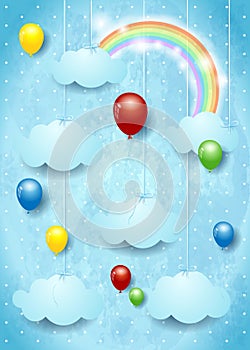 Surreal cloudscape with colorful balloons