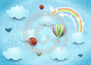 Surreal cloudscape with hot air balloons and rainbow