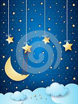 Surreal cloudscape with moon, stars and ladder