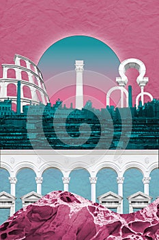 Surreal collage. Classic architecture and industrial backdrop. Art concept poster, print, zine cover.