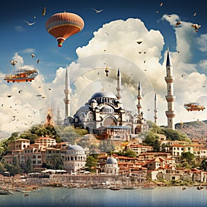 Surreal collage of Istanbul blending ancient and modern elements