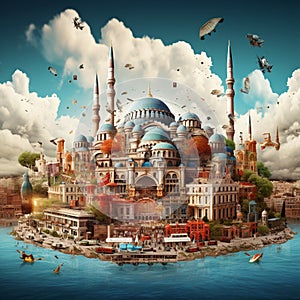 Surreal collage of Istanbul blending ancient and modern elements