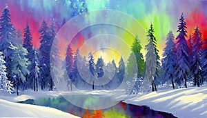 Surreal colorful aurora sky snowy forest and creek illustration like painting