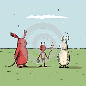 Surreal Comic Scenes: Two Red Mice, Big Red Rabbit, And Cute Cricket Art