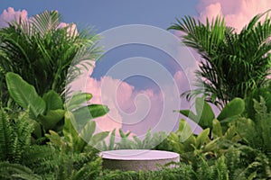 Surreal concrete podium with tropical forest plant blur cloud pink sky nature background.Organic product present natural placement