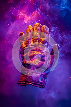 Surreal Cosmic Glove Floating in Vivid Nebula Dust with Mystical Smoke Abstract Space Concept