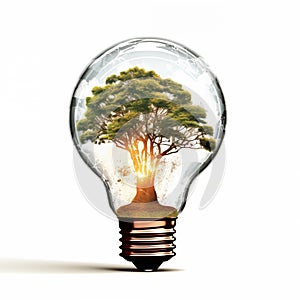 Surreal and creative image isolated on white background of a tree growing inside a light bulb, representing the