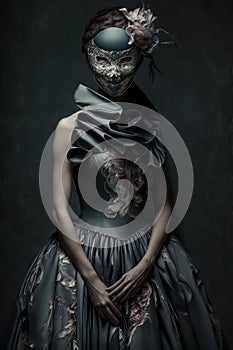 Surreal and creepy portrait of a woman with a mask and a long dress