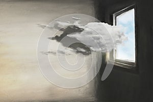 Surreal curious cloud enters from a window of a house