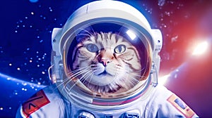 Surreal cute cat astronaut portrait in vibrant colorful outer space