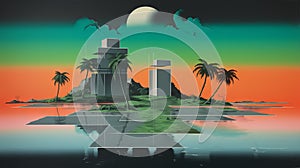 Surreal Cyberpunk Desert Island: Vibrant 1970s Screen Printed Color Blocking