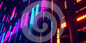 A surreal 3D abstract background showcasing an array of glowing, floating equalizer bars pulsing