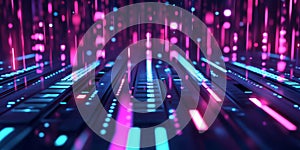 A surreal 3D abstract background showcasing an array of glowing, floating equalizer bars pulsing