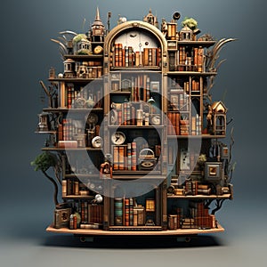 Surreal 3d Bookcase With Clocks: A Whimsical Blend Of Fairy Tales And Urban Life photo