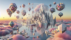 A surreal 3D landscape with floating objects, Ai generated image