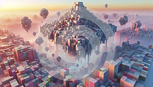 A surreal 3D landscape with floating objects, Ai generated image