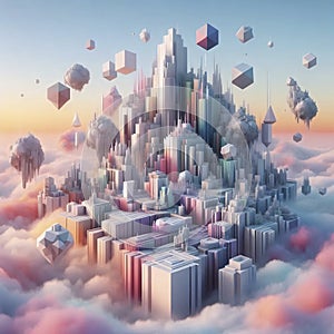 A surreal 3D landscape with floating objects, Ai generated image