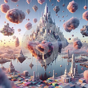 A surreal 3D landscape with floating objects, Ai generated image