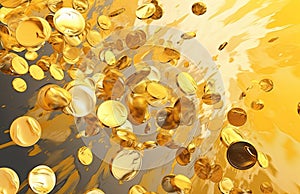 Surreal Deluge: Gold Coins Cascade on Bright Yellow-Beige Backdrop