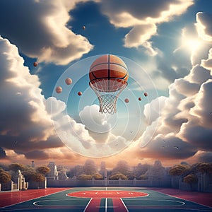 a surreal depiction of a basketball court floating in the sky surrounded by clouds trending on