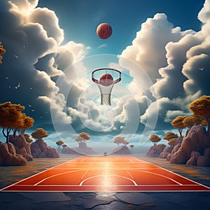 a surreal depiction of a basketball court floating in the sky surrounded by clouds trending on