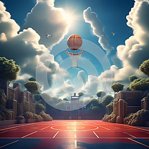 a surreal depiction of a basketball court floating in the sky surrounded by clouds trending on