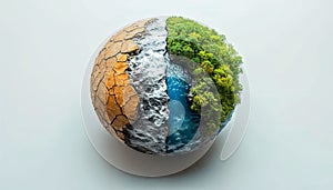 Surreal Depiction of Earth with Half Cracked Dry Land and Half Vibrant River and Forest. World Water Day concept