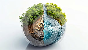 Surreal Depiction of Earth with Half Cracked Dry Land and Half Vibrant River and Forest. World Water Day concept