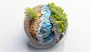 Surreal Depiction of Earth with Half Cracked Dry Land and Half Vibrant River and Forest. World Water Day concept