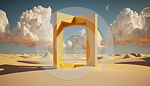 surreal desert landscape with white clouds entering yellow square portals on a sunny day