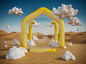 Surreal desert landscape with white clouds going into the yellow square portals on sunny day