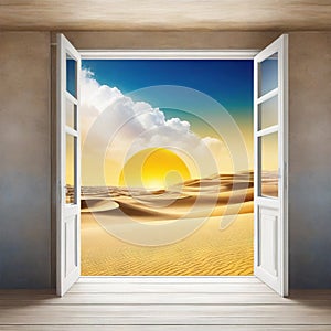 Surreal desert landscape with white clouds going into the yellow square portals on sunny Modern minimal abstract background