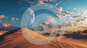 Surreal desert vista: massive sand dunes, looming under a magnificently large moon in the sky, blending reality and