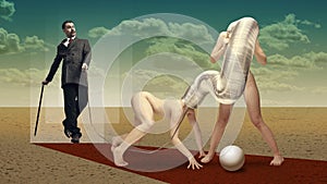 Surreal design in futuristic style. Contemporary art collage. Stylish man in suit with cane walking with two women on