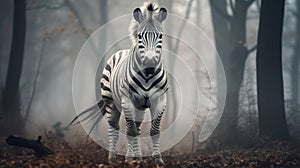 Surreal Digital Airbrushing: Striped Zebra In Foggy Forest