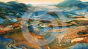 Surreal Digital Art Of Mountain Fields Above Water In Yuumei Style