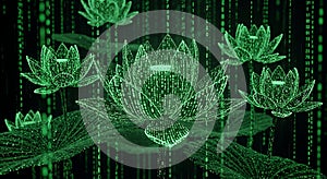 Digital Lotus Flowers in Matrix Binary Code Rain