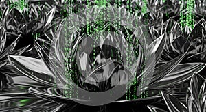 Futuristic Digital Lotus Flowers with Binary Code Rain