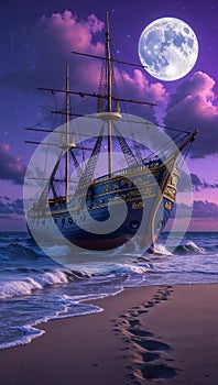 Surreal Digital Artwork with Majestic Ship on a Beach at Night photo