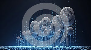 Digital Forest of AI Trees with Binary Code Data, Futuristic Technology Landscape