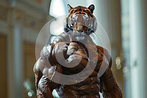 Concept art of a tiger-headed man with a bodybuilder's muscular physique in a gym photo