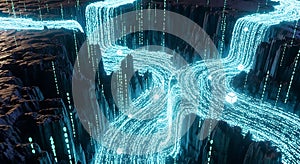 Digital Data Stream Flowing Through Futuristic Cyber Canyon with Binary Code