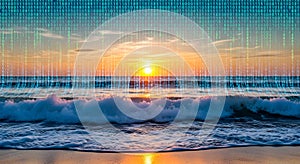 Digital Ocean Sunset Binary Code Stream Over Ocean Waves and Sunrise