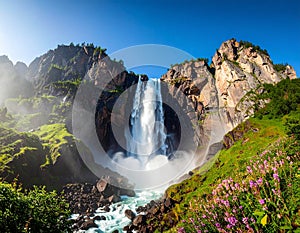 A Surreal Waterfall that Cascades Upward into a Clear, Cloudless Sky, Defying Gravity